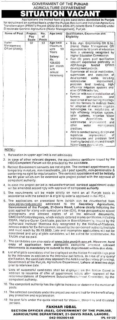 Agriculture Department Punjab Lahore jobs 2024 Agriculture Department