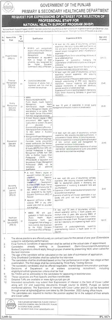 Punjab Primary Secondary Healthcare Department jobs Advertisement 2024 Punjab Primary & Secondary Healthcare Department