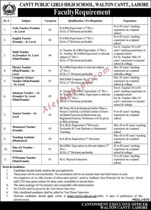 Cantt Public Girls High School jobs 2024 Cantt Public Girls High School