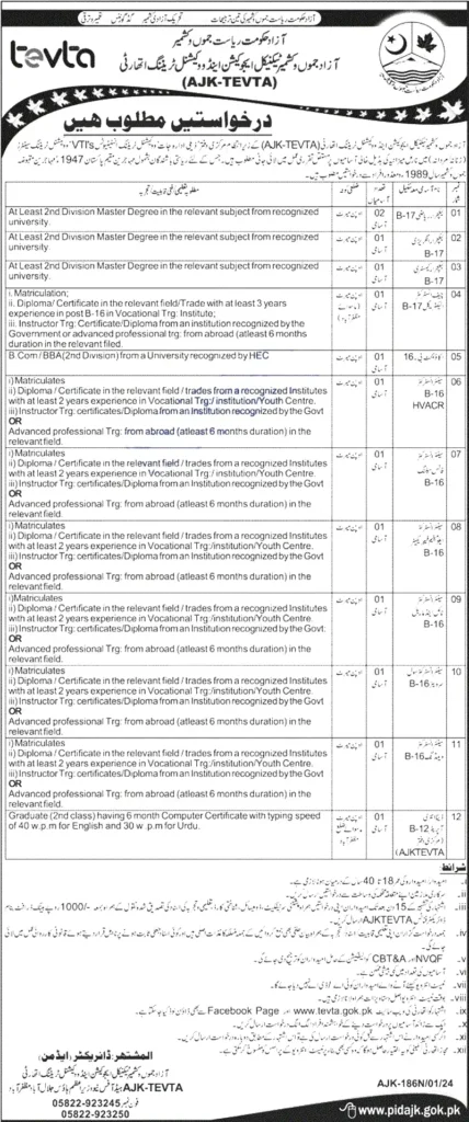 AJK TEVTA Jobs 2024 advertisement 2024 AJK TEVTA jobs