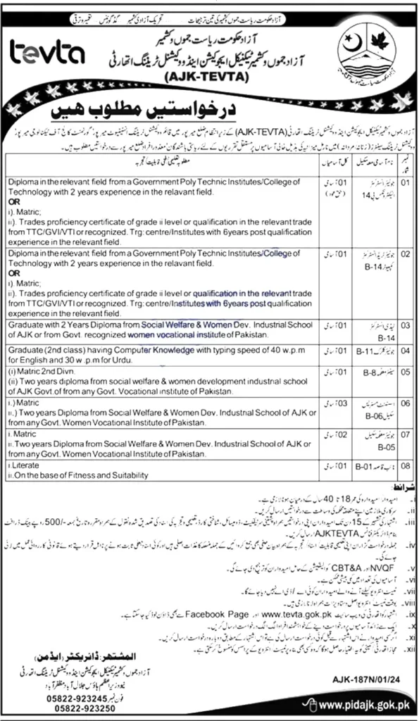 AJK TEVTA Mirpur Jobs 2024 AJK TEVTA jobs