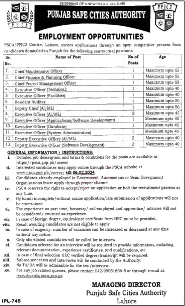 Punjab Safe Cities jobs in PSCA Punjab Safe Cities Authority PSCA jobs