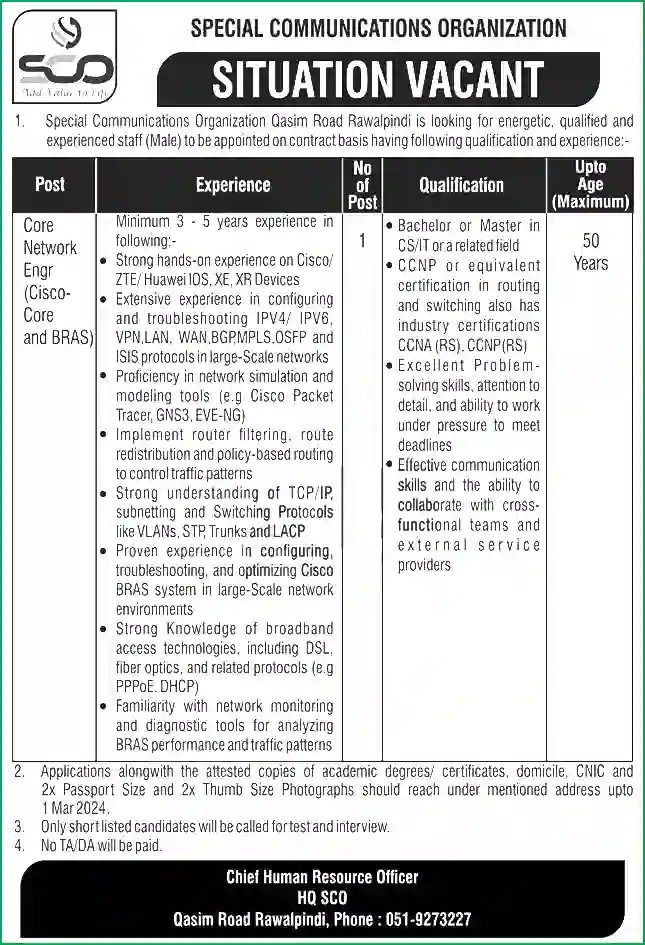 Special Communication Organization Rawalpindi SCO Jobs Advertisement SCO