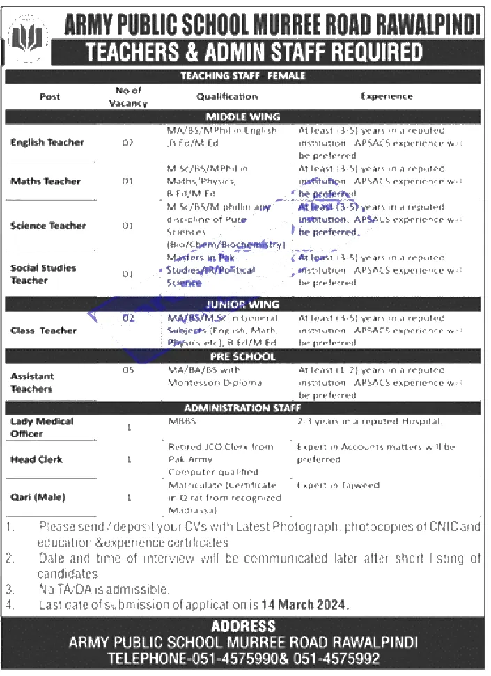 APS Murree Road Rawalpindi Jobs Notice Army Public School